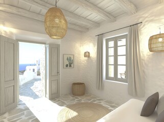 This 3D bedroom embodies the Mediterranean Greek island style with an all-white aesthetic and a stunning Aegean Sea view