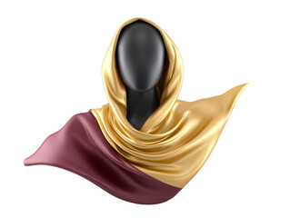 Gold and maroon silk scarf draped on faceless mannequin, elegant smooth texture, fashion accessory, modern style, suitable for formal or casual wear, luxurious and graceful appearance