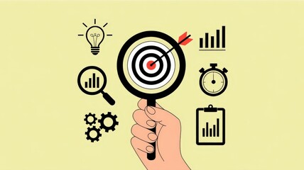Hand holding magnifying glass over target, symbolizing focus on goals and business strategy