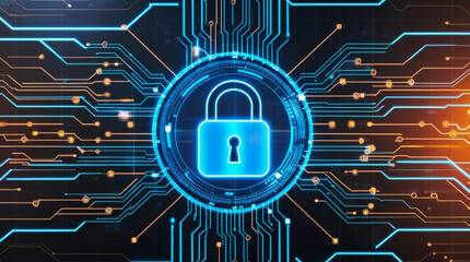 Futuristic Cybersecurity Illustration with Glowing Padlock and Network Lines