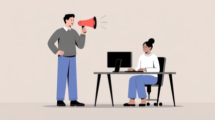 Man with megaphone addressing woman working at computer, conveying urgency or instruction in an office setting.
