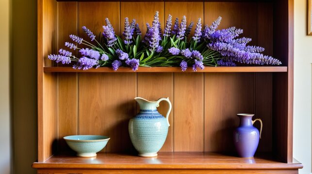 A shelf with a blue vase, a bowl and a bunch of purple flowers