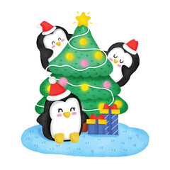 Adorable penguins with Christmas tree and gifts in cute kawaii cartoon style, perfect for holiday designs