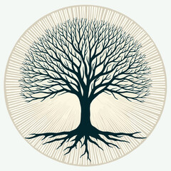 Tree of life illustration in vintage style with radial lines