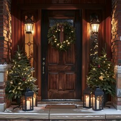 a front door decorated with christmas wreath and lanterns, cozy festive atmosphere