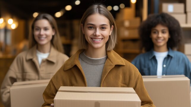 Three happy friends smile as they pack boxes in a lively warehouse. They share laughter and excitement while preparing for an upcoming trip, enjoying the moment together in their cozy outfits