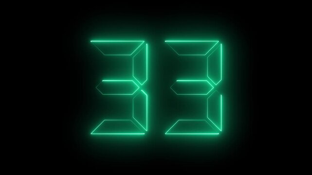 Glowing neon digital text 33 number . Educational mathematics concept 33 number, promote advertising concept isolate using quick time black background. it is ready for education and able to use.