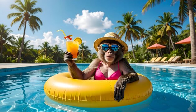 Female Monkey Floating on Yellow Tube in Pool with Sunglasses and Cocktail