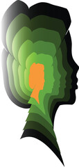 Abstract illustration of a woman's profile, layered green and orange colored silhouettes.