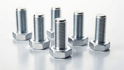 Shiny stainless steel bolts arranged on a white background