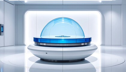 Futuristic pod display with a semi-transparent blue dome atop a circular platform in a sterile white room