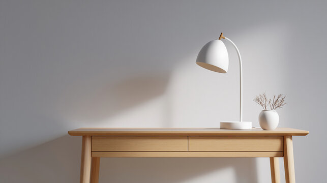 Minimal desk with modern white lamp, soft daylight, clean interior design