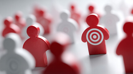 Red and white wooden figures with one having a target on its chest in focus view