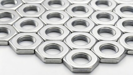 Shiny steel hex nuts forming a honeycomb pattern