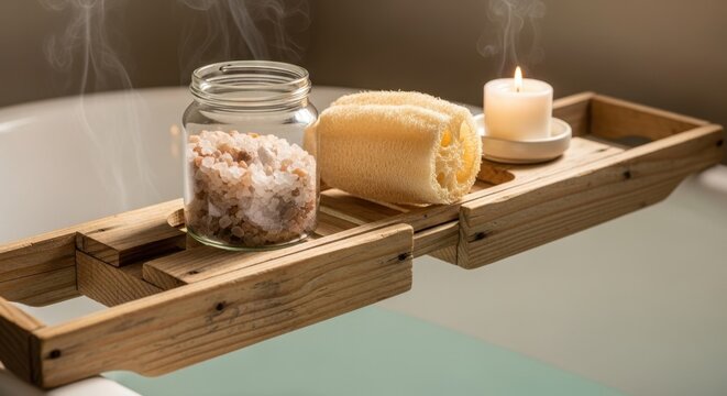 A relaxing hot bath setup with a wooden caddy holding bath salts, a loofah, and a lit candle.