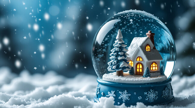 Magical Snow Globe with Cozy Winter House and Snow Covered Pine Tree Scene
