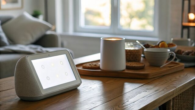Smart home device with glowing interface on a wooden table