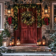 a front door decorated with christmas wreath and lanterns, cozy festive atmosphere