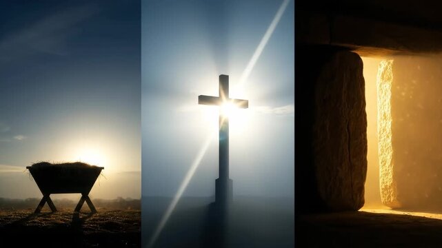 Manger, cross and empty tomb symbolizing Christianity journey. Birth, life and resurrection of Jesus concept.