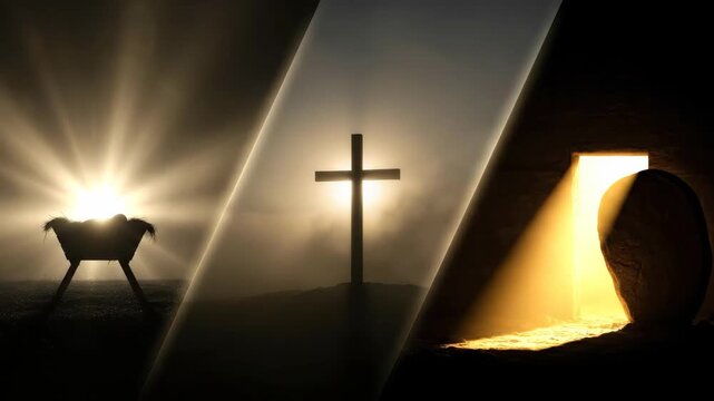 Nativity scene with manger, crucifixion cross on hill, and empty tomb with light, Christian concept.