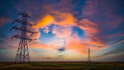 Dramatic sunset illuminates power lines and transmission towers against a vast, open field, showcasing industrial infrastructure in nature © Varos