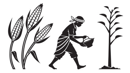 African Farmer with Corn Harvest Silhouettes,  A stark silhouette illustration depicting an African farmer tending to corn plants, representing agriculture and harvest