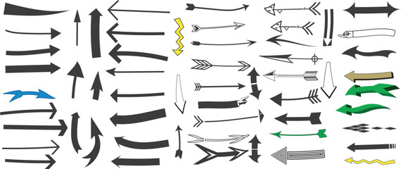 Comprehensive collection of hand-drawn, doodle, and solid arrow icons, pointing many directions