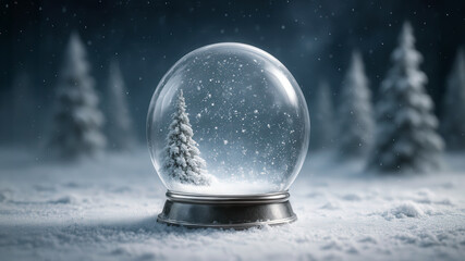 Serene snow globe with a frosted pine tree surrounded by falling snowflakes, set against a peaceful, snowy forest background making it ideal for Christmas themes, seasonal greetings, and festive