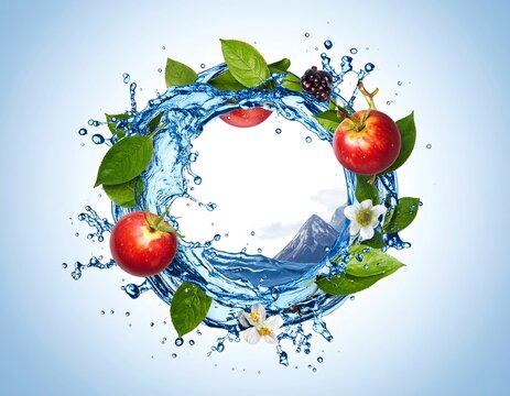A circular arrangement of water splashes frames various elements red apples, green leaves, a blackberry, and a mountain scene - Powered by Adobe