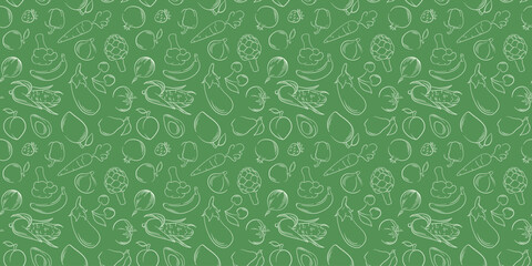 Seamless pattern with line art style fruit and vegetable on green background. Banana, avocado, pepper, carrot, artichoke, strawberry and other for grocery store package.