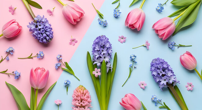 Assortment of pink tulips and purple hyacinths on pastel background