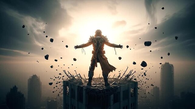 Powerful warrior silhouette on crumbling building rooftop at sunrise with debris flying urban destruction resilience concept post apocalypse triumph