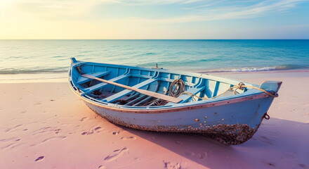 Fototapeta premium Blue rowboat resting on a pink sandy beach ocean