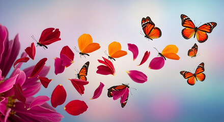Butterflies and Flower Petals Floating in Soft Light