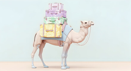 Camel loaded with pastel floral suitcases on a light background