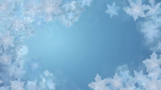 Blurred Soft Blue Background with Snow flake Icons scattered - Christmas and Winter holidays Theme 