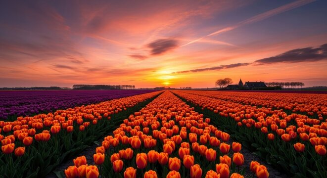 A vibrant tulip field at sunset with orange and purple hues.