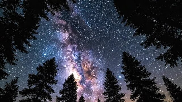 Wide Field Shot of the Milky Way with Stars Above a Forest of Tall Pine Trees at Night with Dark Silhouette Foreground