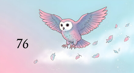 Cartoon Owl with Pink and Blue Feathers Flying illustration