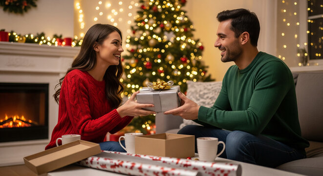 couple exchanging gifts in cozy living room, Christmas lights in background, joyful atmosphere