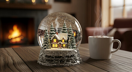 Cozy winter snow globe with fireplace and hot drink