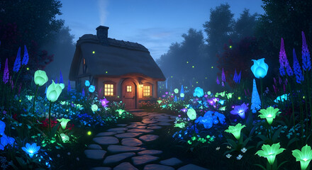 Cozy cottage in a glowing garden at dusk glowing flowers