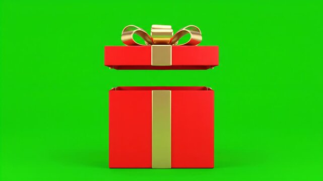 Red 3D gift box with golden ribbon slowly opens and closes in a perfect repeating loop; isolated on pure green background; clean geometry, no shadows or gradients.