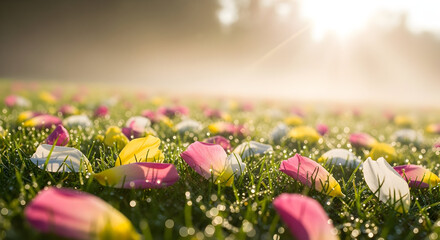 Dew- Kissed Flower Petals on a Misty Morning Lawn water droplets