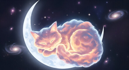 Dreamy Cat Sleeping on Crescent Moon in Starry Sky