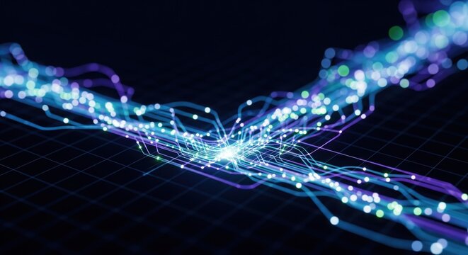 Leuchtender Datenstrom auf dunklem Raster
