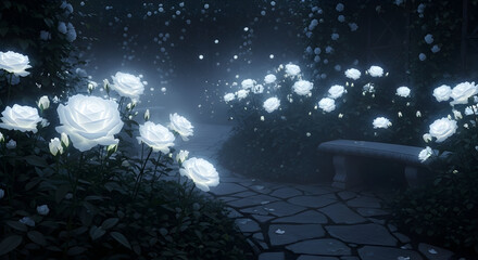 Enchanted Garden with Glowing White Roses and Stone Path