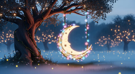 Enchanted Moon Swing in a Fairy Garden fantasy tree
