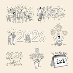 Naklejka premium Festive illustrations depicting various joyous activities and hopeful preparations for the upcoming year 2026, including celebrations, gift-giving, and future planning