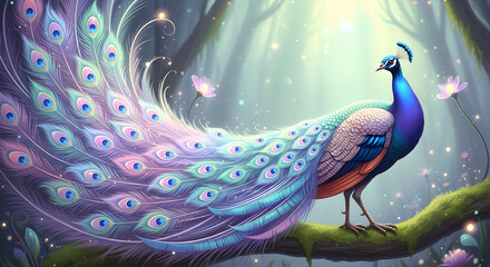 Enchanted Peacock with Flowing Feathers in a Magical Forest Keywords: peacock, bird, animal